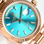 Sunday date display series women's watch, blue-green dial, rose gold bezel, 36mm, rose gold President-style bracelet.