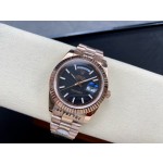 Sunday calendar series men's watch, black dial, rose gold bezel, 40mm, rose gold President-style bracelet.