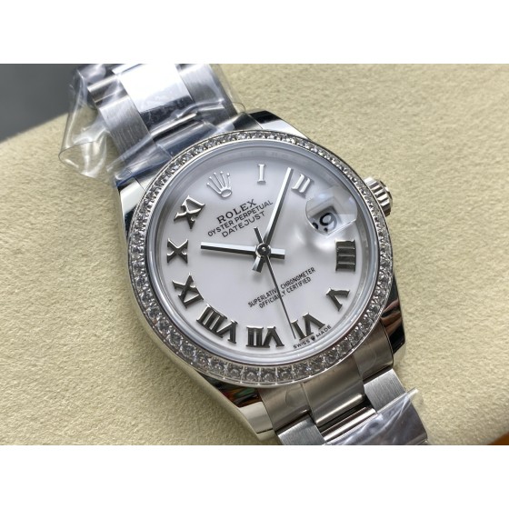 Datejust series women's watch, white dial, diamond-set bezel, 31mm, silver Oyster bracelet.