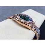 Sunday calendar series women's watch with diamonds, gradient green dial, rose gold bezel, 36mm, rose gold President-style bracelet.