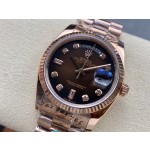 Sunday date display series women's watch, brown dial, rose gold bezel, 36mm, rose gold President-style bracelet.