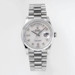 Sunday date display series women's watch, white dial, silver bezel, 36mm, silver President-style bracelet.