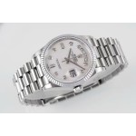 Sunday date display series women's watch, white dial, silver bezel, 36mm, silver President-style bracelet.