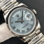 Sunday date display series women's watch, ice blue dial, silver bezel, 36mm, silver President-style bracelet.