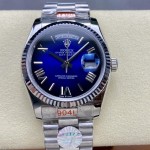Sunday date display series women's watch, gradient blue dial, silver bezel, 36mm, silver President-style bracelet.