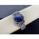Sunday date display series women's watch, gradient blue dial, silver bezel, 36mm, silver President-style bracelet.