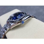 Sunday date display series women's watch, gradient blue dial, silver bezel, 36mm, silver President-style bracelet.