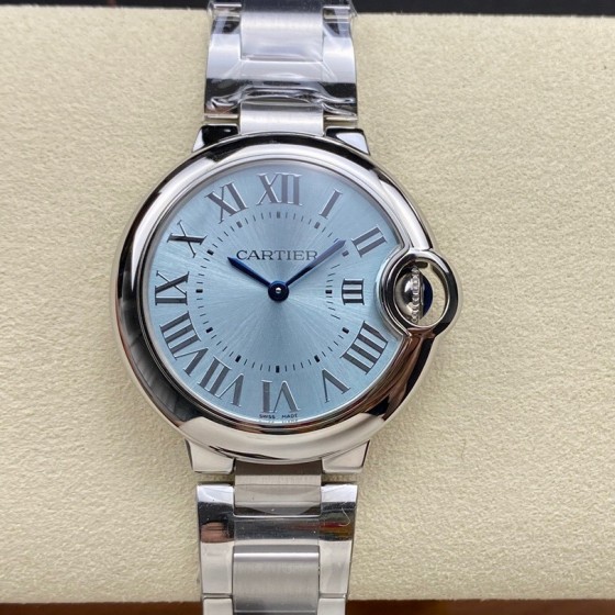 Cartier Ballon Bleu series, 33mm women's watch with ice blue dial, silver strap, quartz watch.