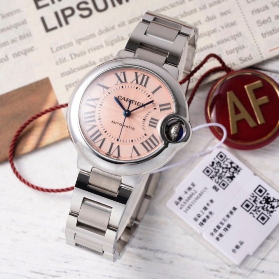 Cartier Ballon Bleu series, pink dial, 33mm women's watch, silver strap, mechanical movement.