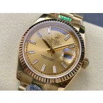 Sunday date display series women's watch, gold dial, gold bezel, 36mm, gold President-style bracelet.