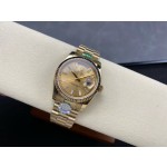 Sunday date display series women's watch, gold dial, gold bezel, 36mm, gold President-style bracelet.