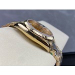 Sunday date display series women's watch, gold dial, gold bezel, 36mm, gold President-style bracelet.