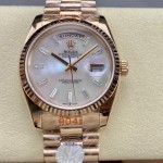 Sunday date display series women's watch, mother-of-pearl dial, rose gold bezel, 36mm, rose gold President-style bracelet.