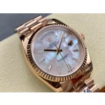 Sunday date display series women's watch, mother-of-pearl dial, rose gold bezel, 36mm, rose gold President-style bracelet.