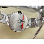 Cartier Ballon Bleu series, 33mm women's watch with ice blue dial, silver strap, quartz watch.