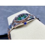 Sunday date display series women's watch with gradient green dial, rose gold bezel, 36mm case, and two-tone President-style bracelet.