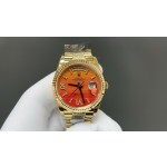 Sunday Calendar series women's watch with carnelian dial, diamond-set bezel, 36mm case, and diamond-set gold President-style bracelet.