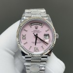 Sunday Calendar series women's watch, pink dial, silver bezel, 36mm, with diamond-set silver President-style bracelet.