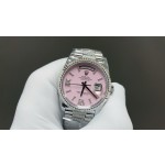 Sunday Calendar series women's watch, pink dial, silver bezel, 36mm, with diamond-set silver President-style bracelet.