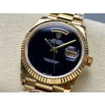 Sunday Calendar series men's and women's watches, black dial, gold bezel, 36mm and 40mm sizes, gold President-style bracelet.