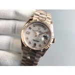 Sunday date display series women's watch, mother-of-pearl dial, rose gold bezel, 36mm, rose gold President-style bracelet.