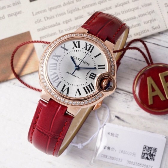 Cartier Ballon Bleu silver dial diamond-set 33mm red leather mechanical women's watch