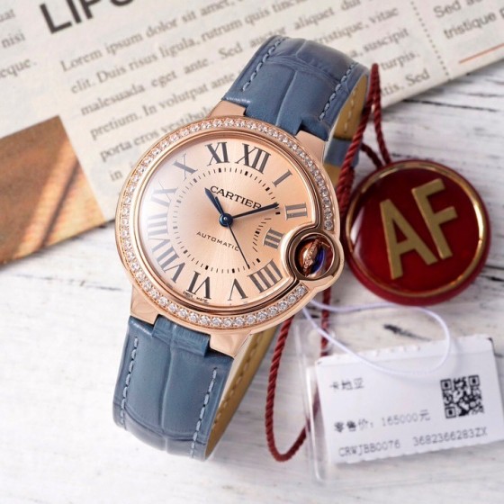 Cartier Ballon Bleu series, rose gold dial, diamond-set bezel, 33mm, ladies' watch, grey-blue leather strap, mechanical movement.