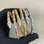 Bulgari Serpenti bracelet with mother-of-pearl and diamonds, available in gold, silver, and rose gold.