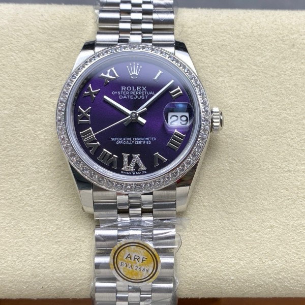 Datejust series, 31mm with purple dial and diamond setting, silver strap.