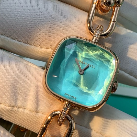 Tiffany Rose Gold Chain Watch with Diamond Accents and Blue Dial