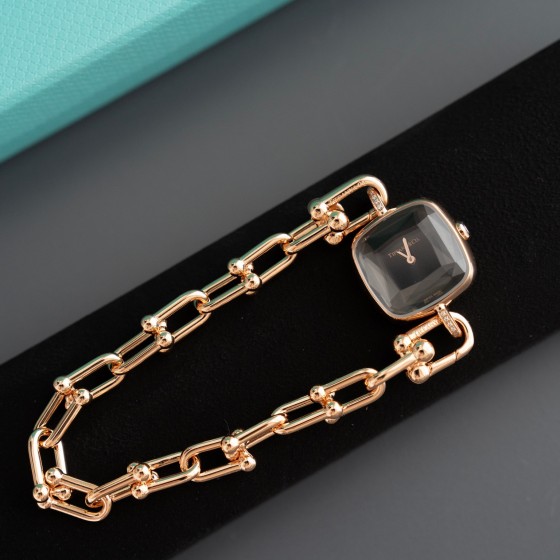 Tiffany Rose Gold Chain Watch with Diamond-Set Black Dial