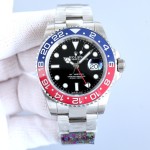 Rolex GMT-Master series, black dial, red and blue bezel, 40mm, silver Oyster bracelet.