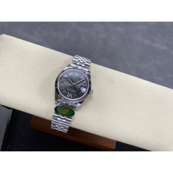 Datejust series, 31mm grey dial, silver strap.
