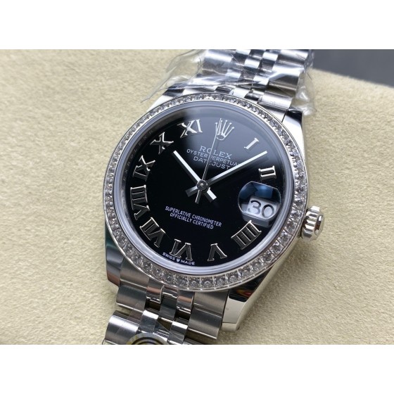 Datejust series, black dial with diamonds, 31mm, silver strap