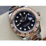 Yacht-Master series, black dial, rose gold bezel, 40mm, two-tone Oyster bracelet.
