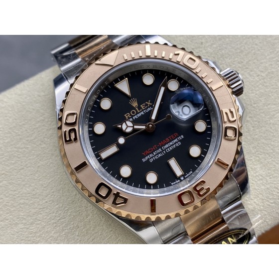 Yacht-Master series, black dial, rose gold bezel, 40mm, two-tone Oyster bracelet.