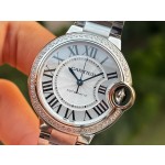 Cartier Ballon Bleu series, 33mm ladies' watch with silver dial and diamond setting, silver strap, mechanical movement.