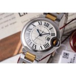 Cartier Ballon Bleu series, 33mm women's watch with silver dial, gold and silver strap, mechanical movement.