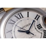 Cartier Ballon Bleu series, 33mm women's watch with silver dial, gold and silver strap, mechanical movement.