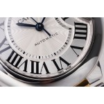 Cartier Ballon Bleu series, 33mm women's watch with silver dial, gold and silver strap, mechanical movement.