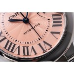 Cartier Ballon Bleu series, pink dial, 33mm women's watch, silver strap, mechanical movement.