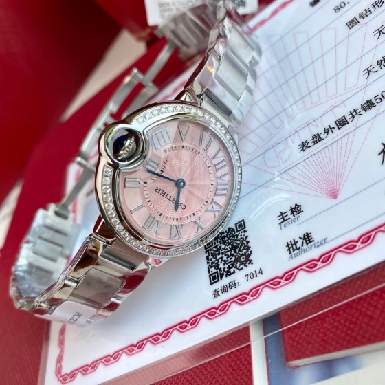 Cartier Ballon Bleu collection, pink dial, diamond-set 33mm women's watch, silver strap, quartz watch.