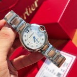 Cartier Ballon Bleu series, 33mm women's watch with silver dial, rose gold two-tone strap, quartz watch.