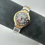 Cartier Ballon Bleu series, 33mm silver dial, gold bezel, ladies' watch, silver strap, mechanical movement.