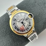 Cartier Ballon Bleu series, 33mm silver dial, gold bezel, ladies' watch, silver strap, mechanical movement.