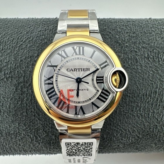 Cartier Ballon Bleu series, 33mm silver dial, gold bezel, ladies' watch, silver strap, mechanical movement.