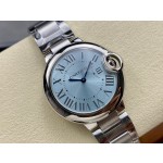 Cartier Ballon Bleu series, 33mm women's watch with ice blue dial, silver strap, quartz watch.