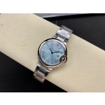 Cartier Ballon Bleu series, 33mm women's watch with ice blue dial, silver strap, quartz watch.