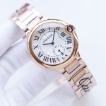 Cartier Ballon Bleu series, 33mm women's watch with silver dial, rose gold strap, quartz watch.