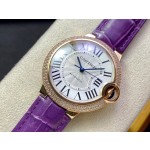 Cartier Ballon Bleu, 36mm, silver dial with diamond-set bezel, purple leather strap, mechanical watch for women.